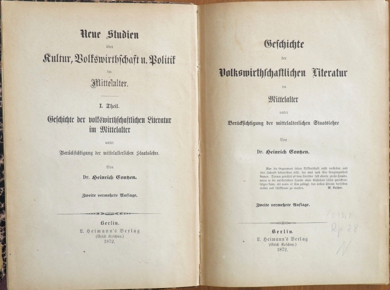 CONTZEN, Volkswirtschaftl. Literatur MA. 2.A. Bln. 1872. ND