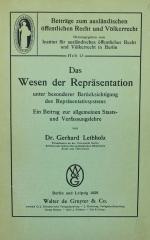 LEIBHOLZ, Wesen der Repräsentation. Berlin 1929